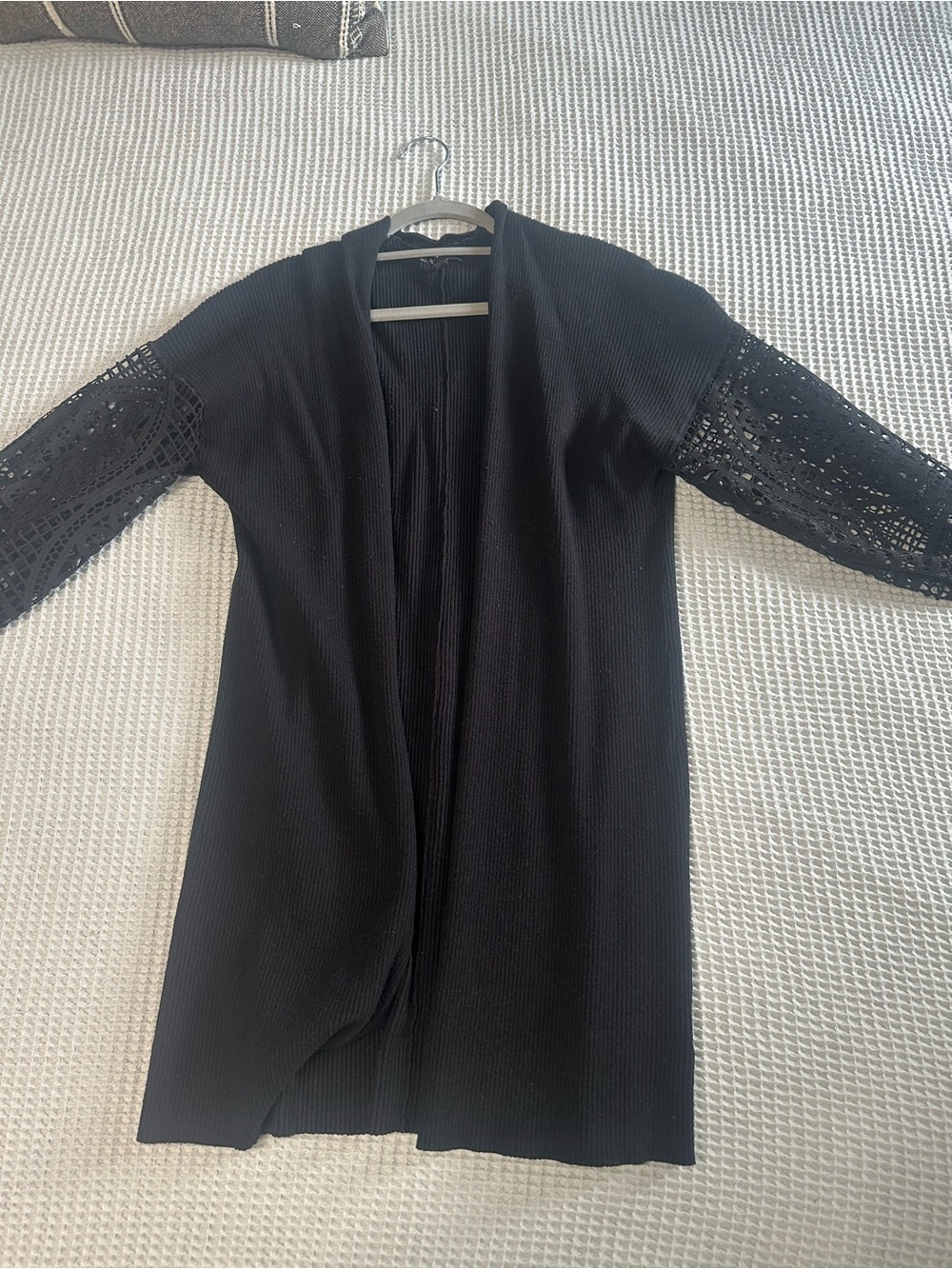 Express Black Open-Front Cardigan with Crochet Sleeves